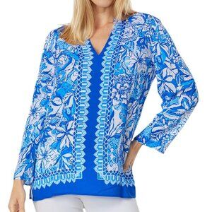 Lilly Pulitzer Luna Bay Tunic XS, Women’s Blue Floral Paisley Top, Long Sleeve V